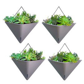 LaLaGreen Succulent Wall Planters - 2 Pack, 12 Inch Large Self Watering Wall Hanging Planters for Indoor Plants Gray Wall Mount Triangle Geometric Flower Vase Pot Black Metal Hanger Living Wall Decor