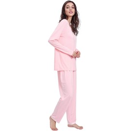 GYS Pajamas Set for Women - Viscose Made from Bamboo, V Neck Long Sleeve Sleepwear with Pants Soft Comfy Pj Lounge Sets, Pink, Small