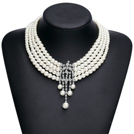 BABEYOND - Collar de perlas Gatsby de los años 20, collar de perlas de novia clásico, conjunto de arete, collar de perlas de imitación de revestimiento múltiple con broche, Perla de imitación