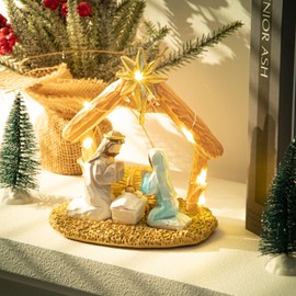 BUTITNOW Nativity Scene with Lights, Sculpted Hand Painted Nativity Figure - First Christmas Story Decoration Holiday Manger Little People Nativity Set for Indoor Home Display, Tabletop