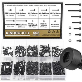 Kindroufly 562 Pieces Black M2.5 x 4/6 /8/10 /12/16 /20mm Hex Socket Head Cap Screws Nuts Washers Assortment Kit, 12.9 Grade Alloy Steel
