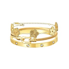 Gold Buckle Bracelets set for Women 3Pcs Stackable Love Bangle 18K Gold Plated Clovers Bracelet Floral Bracelet Set Trendy Gifts for Women (Belt Gold)