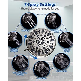 Regadera de alta presión VMASSTONE de 4.7" fija tipo lluvia con 7 modos de rociado y unión giratoria de latón ajustable - Excelente reemplazo para tu regadera de baño (FM-001 Níquel cepillado)
