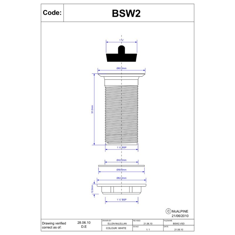 McAlpine BSW2 1.25" White Plastic Basin Waste - Backnut Model