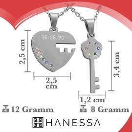 Hanessa 2 Stück Personalisierte Kette mit Gravur Edelstahl 50 cm mit Anhänger Puzzle Teil mit Strass-Stein in silber - Personalisierte Geschenke für Damen Herren Freundin Freund - Partner Halskette