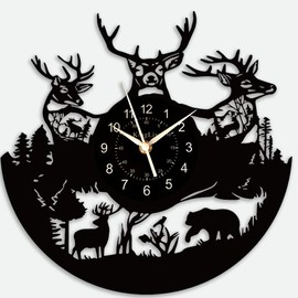 KingLive Vinyl Record Wall Clock-Deer Wall Decor-Silent Clock-Black Retro Room Decor-13 Inch Farm Theme Wall Art