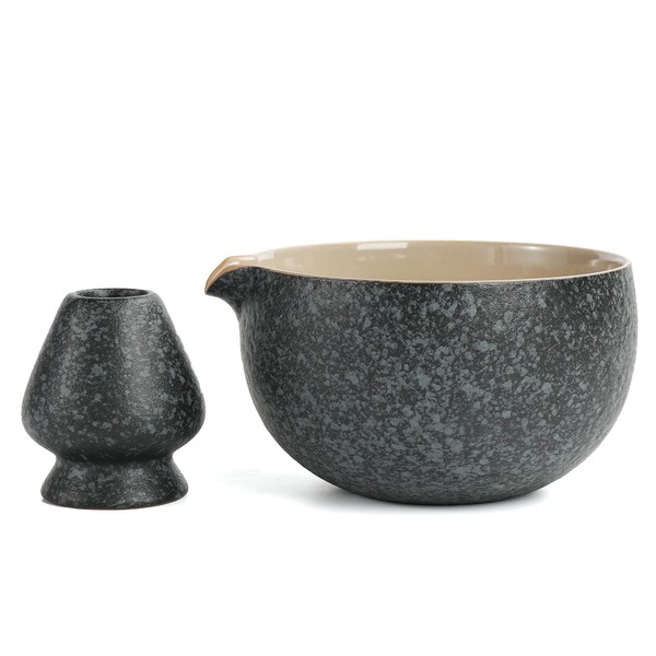 TEANAGOO Japanese Natural Rock Texture Matcha Chawan with Whisk Rest, 18 oz. K17, Rocky Black/Grey, Matcha Tea Bowl, Ceramic Bowl, Tea Bowls for Matcha, Matcha Ceramic Bowl