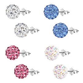 4 Pairs Stud Earrings 925 Sterling Silver Earrings Sparkly Crystal Ball Ear Studs 8mm Earrings for Women Girls