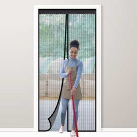 PJExim Magnetic Fly Screen Door - Heavy Duty Auto-Closing Mesh Curtain with Magnets, No Drill Door Screen for Flies/Bugs, Fits 90x210cm Patio Doors (Black Stripe)