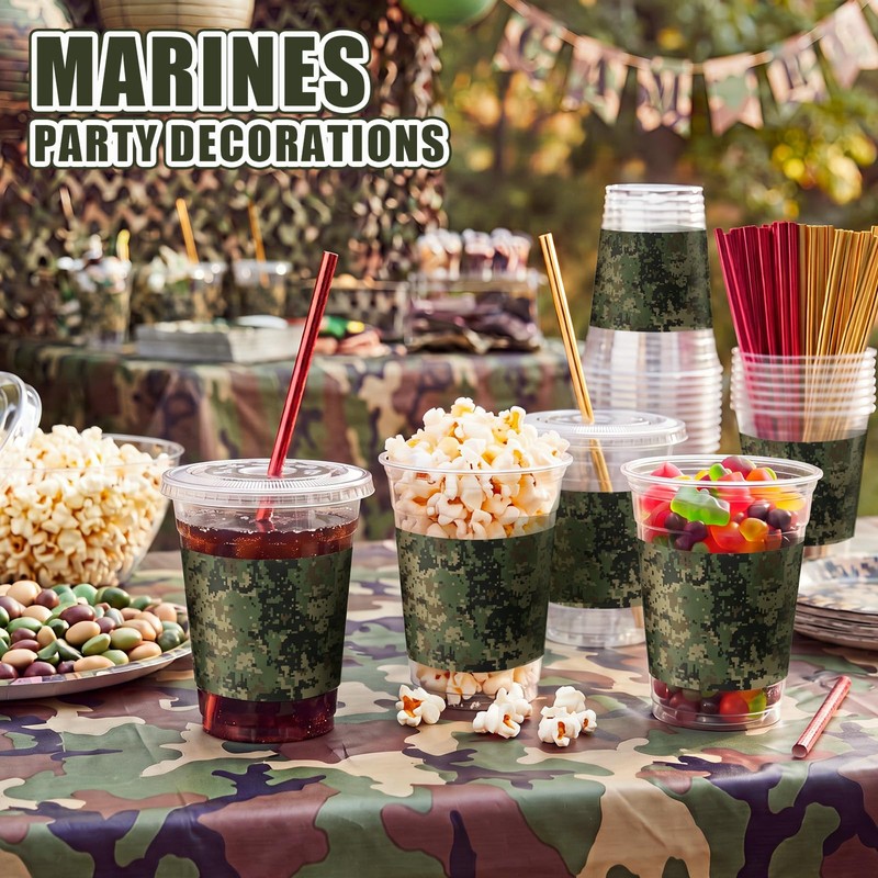50 Pcs Party Plastic Cups with Lids and Straws, Camouflage