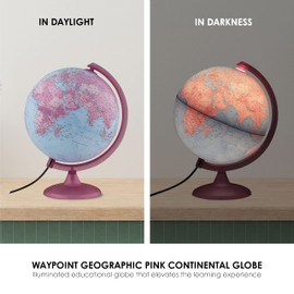 Waypoint Geographic Pink Continental Globe, Acrylic World Globe with Stand, 10” Illuminated Globe with Pink-Shaded Landmass and Blue Ocean, for Small Desks and Bed Side Stands