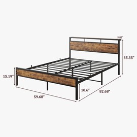 ZGEHCO Queen Bed Frame with Headboard Storage,Wood Bed Frame with Charging Station,Platform Bed Frame Queen Size Mattress Foundation No Box Spring Needed,Heavy Duty Steel,Black&Brown Oak