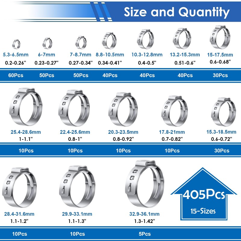 Seept 405Pcs 15-Sizes 304 Stainless Steel Single Ear Hose Clamps