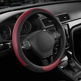 Road Comforts Steering Wheel Cover, Breathable Anti-Slip Leather Steering Wheel Cover, Universal Fit 14.5–15 Inch, Comfortable Grip - Redwine Color