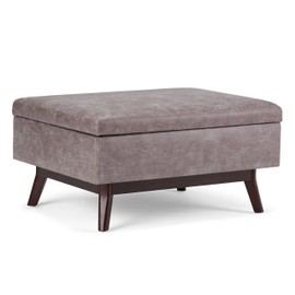 SIMPLIHOME Owen 34 Inch Wide Mid Century Modern Rectangle Coffee Table Lift Top Storage Ottoman in Upholstered Distressed Grey Taupe Faux Leather, For the Living Room