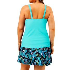Daci Plus Size Tankini Bathing Suit 2 Piece Tummy Control Swimsuits with Skirt Aqua Leaves Wrap V Neck 20W