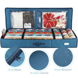 Hearth & Harbor Wrapping Paper Storage Container - Christmas Storage Bag with Interior Pockets - Gift Wrap Organizer Fits Up to 22 Rolls of 40" - Tear Proof, Blue