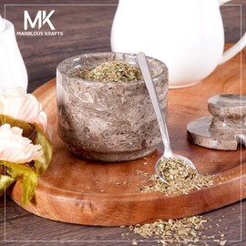 MARBLOUS KRAFTS Marble Salt Cellar with Lid and Spoon 3'' Oceanic Salt & Spice Bowls, Salt Containers For Countertop Kitchen Accessories