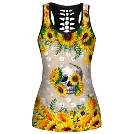 DRZHEAM - Conjuntos de yoga de calavera de azúcar para mujer, conjuntos de 2 piezas, camisetas sin mangas de Halloween, leggings de entrenamiento para niñas, Amarillo, L