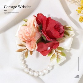 Yean Rose Wedding Wrist Corsage Bridal Hand Flower Pearl Wristlet Band Bracelet Bridesmaid Floral Corsage Accessories for Women(Red)