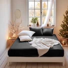 MOHAP Double Size Fitted Sheet Black with Extra Deep 30 cm Pocket Bed Sheet Only Bedsheet Brushed Microfiber Bottom Sheet for Double Bed 135x190 Black