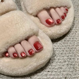 Artquee Red Cat Eye Press on Toenails for Women Short Fake Toe Nails with Adhesive Reusable Square Glossy Full Cover Tip Toenail Kit - 30 Pcs in 15 Sizes