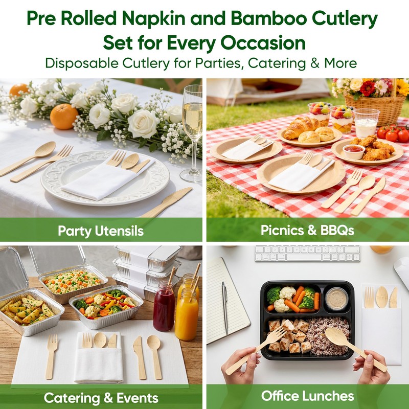 FEHHTO Napkin and Bamboo Cutlery Set, Compostable Utensils Disposable Cutlery