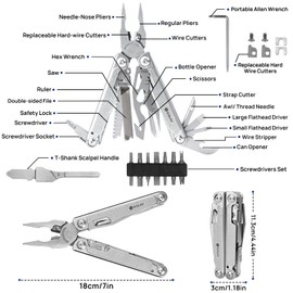 BIBURY Multitools, Men's Gifts, Multi Tool Foldable Pliers with T-Shank Tool, Strap Cutter, Stainless Steel Multitools Ideal for Camping, Repairing, Gift for Dad Men - Pro - BI2049GB-N
