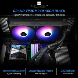 Thermalright Grand Vision 240 ARGB Black AIO CPU Liquid Cooler,IPS LCD Screen with 480x480 Resolution,for AM5/ LGA1851/1700,‘3.4 inch’Magnet-Absorbent LCD Screen for Images,Black CPU Water Cooler