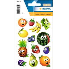 HERMA 3233 Stickers Fruits Small, Pack of 13, Wiggle Eyes Stickers with Pineapple, Melon, Banana, Pumpkin, Lemon, Plum, Strawberry, Orange, Grapes, Raspberry, Pear, Blueberry Motif, Children's Labels