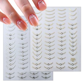 2 Sheets French Tips Nail Art Stickers - 5D Simple Gold Silver Line Nail Stickers with Crystal Diamond Nail Decals French Nail Design Holographic French Nail Supplies for Women Manicure Decorations