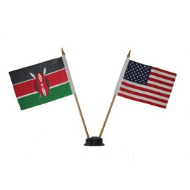 USA & KENYA Small 4 X 6 Inch Mini Double Country Stick Flag Banner with BLACK STAND on a 10 Inch Plastic Pole .. New