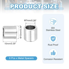 PATIKIL 6 Pcs Stainless Steel Spacers, 7mm ID x 10mm OD x 10mm Height 304 Stainless Steel Bushing Screw Standoff Unthreaded Round Spacer for 1/4" M7 Screws Bolts Nuts