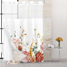 Tititex No Hooks Snap in Liner Aesthetic Blooming Yellow Flowers Leaves Shower Curtain Sets, Hotel Luxury Double Layers Waterproof Fabric & See-Through Top Window Bathroom Decorative 60x72 Inch