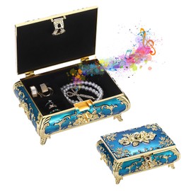 ELLDOO Vintage Music Box, Blue Metal Musical Jewelry Box Keepsake Box, Small Trinket Jewelry Storage Box Gift for Girl Women (Tune: You are My Sunshine), Large