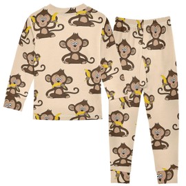 MCHIVER Monkey Banana Pajamas Set 2 Piece Cotton Pjs Set Long Sleeve Sleepwear Prints Sleepers Size 8Y