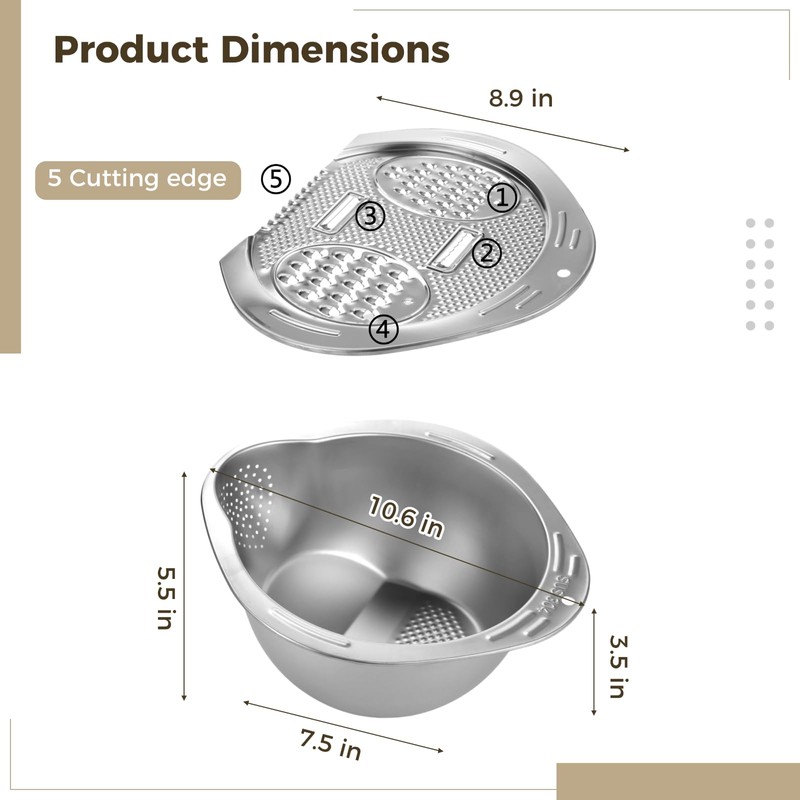 Rice Washer Strainer Bowl with Grater Lid, Stainless Steel Multi-function