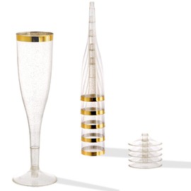 Hedume 50 Pack 6.5 Oz Disposable Plastic Champagne Flutes with Gold Glitter and Gold Rim, 2-Piece Disposable Champagne Glasses, Toasting Flutes Party Cocktail Cups for Celebration, Wedding or Parties