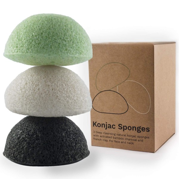 Vove | Premium Organic Konjac Sponge | (Pack of 3) | Exfoliating Biodegradable | Konjac Sponge Face | Eco-Friendly | Plastic-Free | for Facial Scrubbing, Makeup Removing and Skin Cleansing |