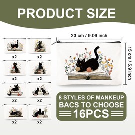 Doodlream 16Pcs Canvas Black Cat Flowers Makeup Bag, 23 x 15 cm Cute Kitty Cosmetic Bags Travel Organizer Portable Accessories with Zipper, Toiletry Large Capacity, Purse Organizer Pouches