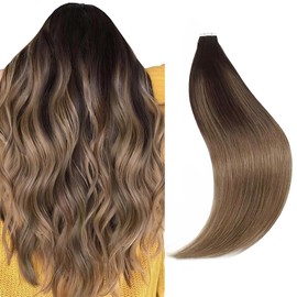 Sixstarhair Tape In Hair Extensions Balayage Color Dark Brown Fading to Chestnut Brown Real Remy Semi-permanent Hair Extensions 20 Pieces 50 Gram [Color B2-6#-22 inch]