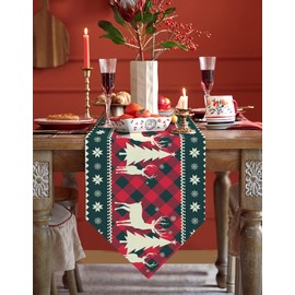 Cotton Linen Table Runner Dresser Scarves Buffalo Plaid Red Checkered Christmas Tree Elk Non-Slip Burlap Rectangle Table Setting Decor for Wedding Party Holiday Dinner Home ( Extra Long 13X120 Inch)