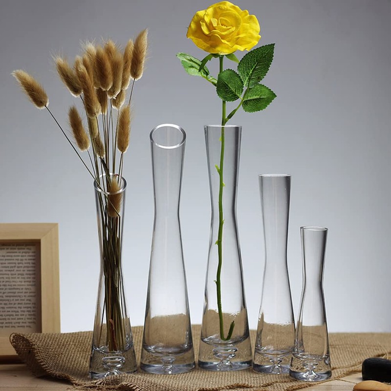 Small Glass Bud Vase Transparent Tapered Small Waist Thick Bottom