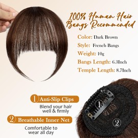 Bangs Hair Clip in Bangs-100% Human Hair Clip On Bangs Dark Brown Clip in Bangs Real Human Hair Fake Bangs Hair Clip In Hair Extenisons With Temples Hairpieces For Women
