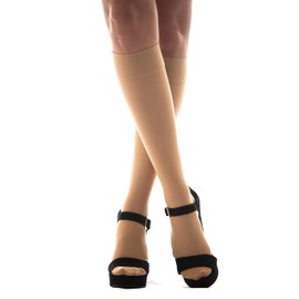 Medicella Premier - Calcetines de compresión para mujer (punta cerrada, 15 a 20 mmHg, fabricados en Estados Unidos, calidad médica, transparente, moderada, apoyo de presión para circulación y viajes (XL, beige)