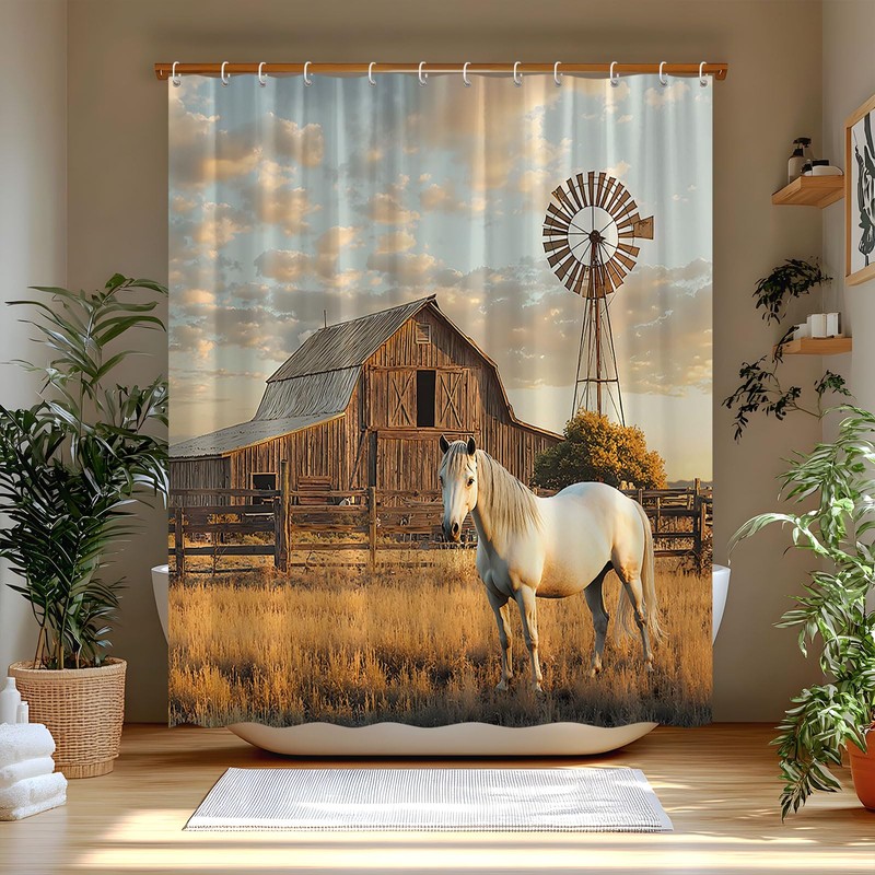 FAXTOZ Fall Horse Shower Curtain Rustic Farm Animal Retro Barn