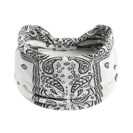 1 Pack Boho Headbands Stretch Paisley Print Bandana Headband Criss Cross Hair Bands Knotted Head Wrap Yoga Daily for Women and Girls (White)