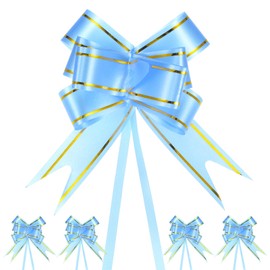 M METERXITY 100-Pack Ribbon Pull Bows, 3.74 Inch / 9.5cm Plastic Gold Edge Ribbon Bows for Gift Wrapping/Wedding/Flowers/Baskets Decorations, Satin Pull Bows [Light Blue Gift Bow]