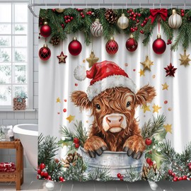 AYDSMYD Christmas Highland Cow Shower Curtain Cute Xmas Rustic Farmhouse Animal Winter Holiday Fabric Bathroom Decor Set Include Hooks,70" WX70 H