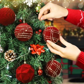 Tifeson 12pcs Velvet Christmas Balls Burgundy 3.15inch Flocked Shatterproof Hanging Ornaments Plastic Christmas Tree Decorative Ornaments for Xmas Holiday Festival Party Decor